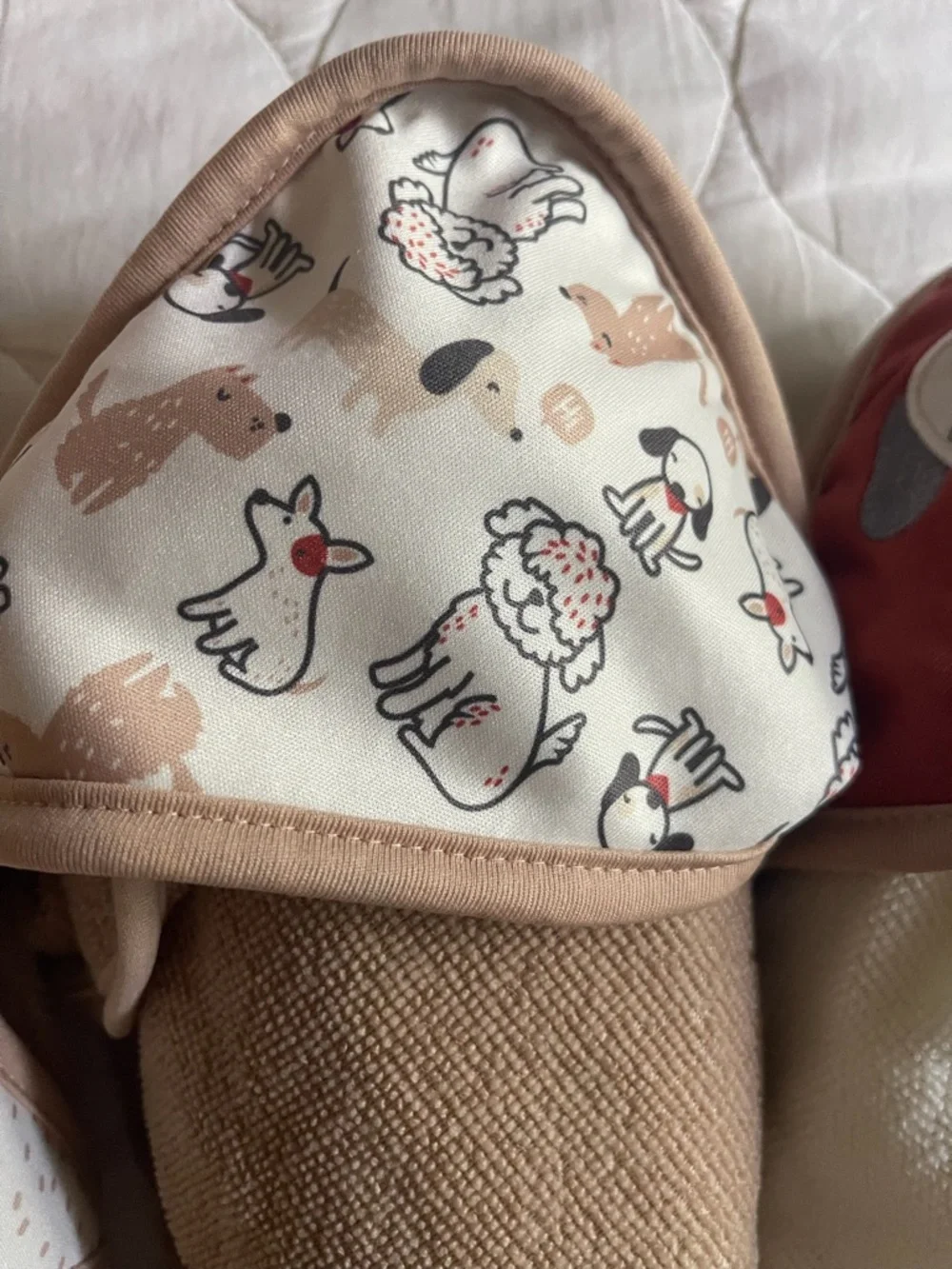 3 Baby Hooded Towels Dog Puppy Print Neutral Beige Cream Bath Towel Lot